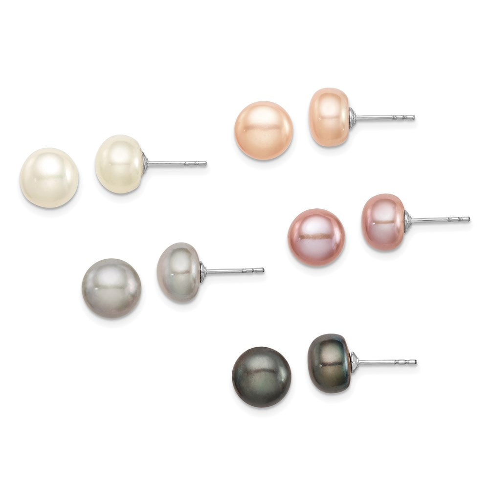Sterling Silver Rhodium 8-9mm FWC 5 Pairs Pearl Button Stud Earring Set