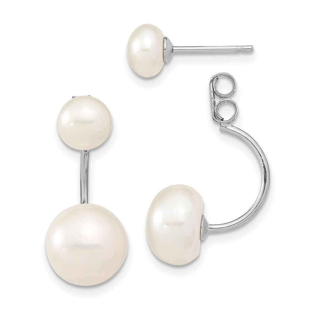Sterling Silver RH-plated White FWC Pearl Front/Back Post Dangle Earrings