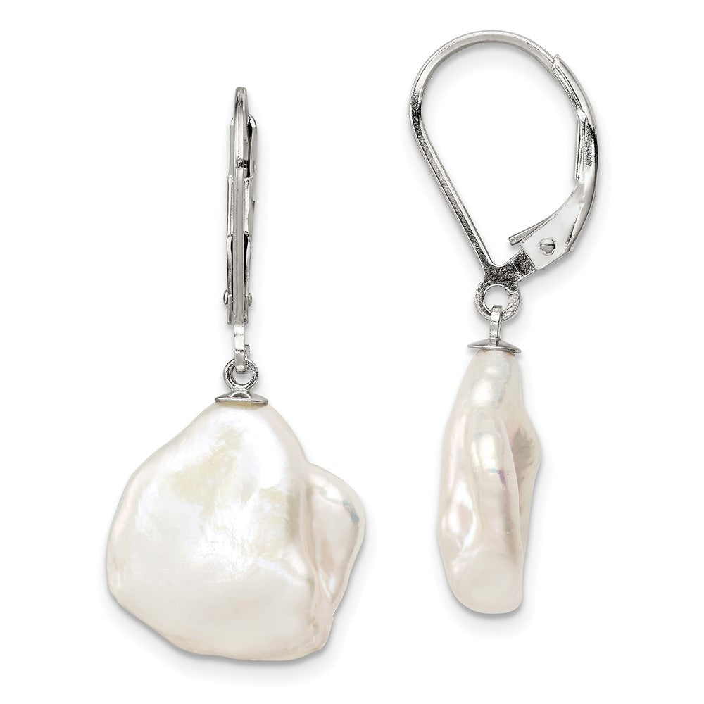 Sterling Silver RH-plated 13-15mm Keshi FWC Pearl Leverback Earrings