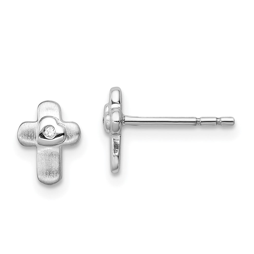 Sterling Silver RH-plated Polished CZ Cross Children's Post Earrings