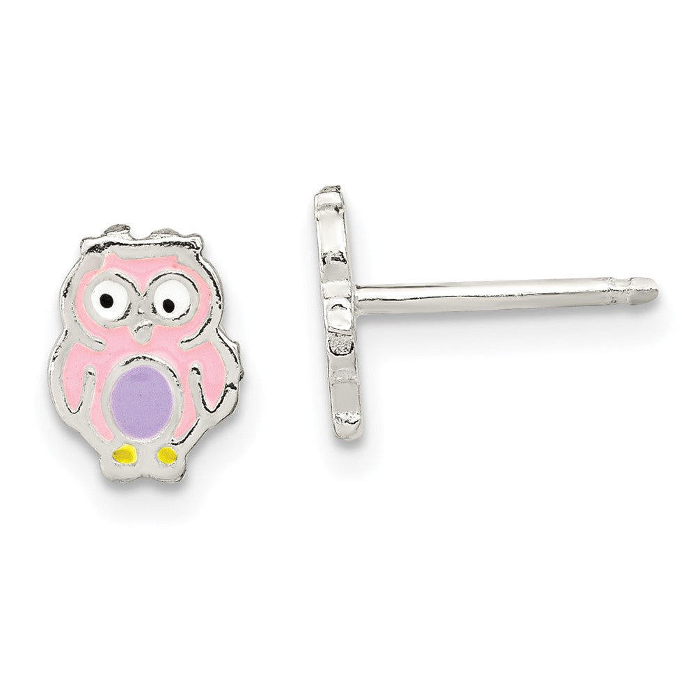 Sterling Silver Polished & Enameled Owl Children's Post Earrings