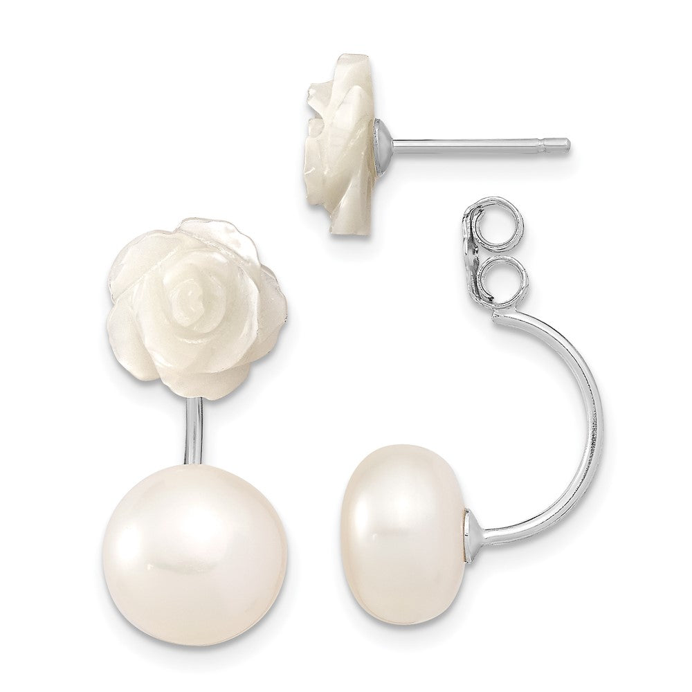 Sterling Silver Rhod-plated 8-9mm FWC Pearl/MOP Flower Front/Back Earrings