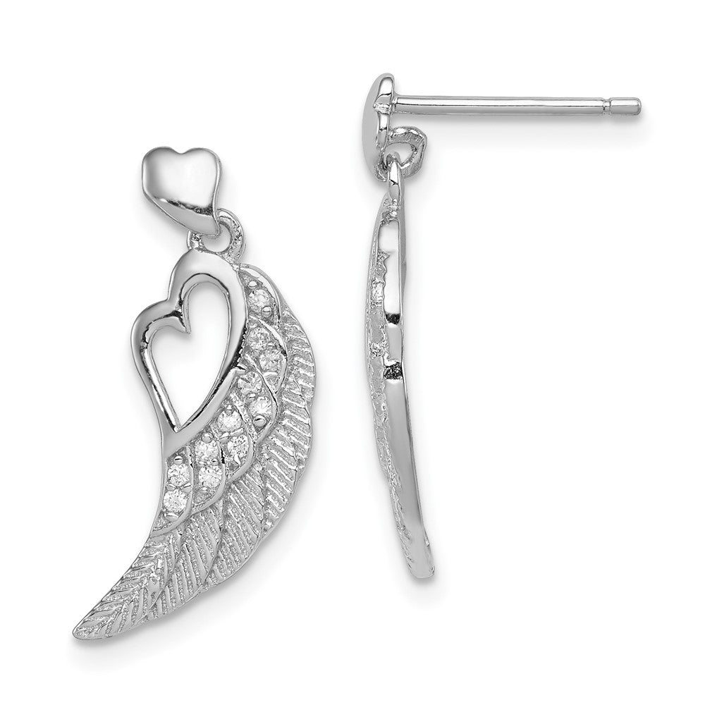 Sterling Silver RH-plated CZ Open Heart Wings Post Dangle Earrings