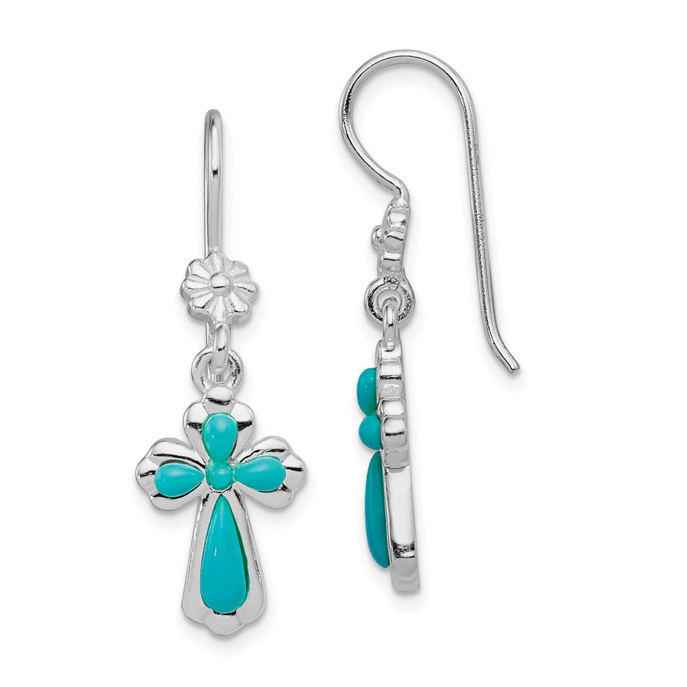 Sterling Silver RH-plated Imitation Turquoise Cross Dangle Earrings