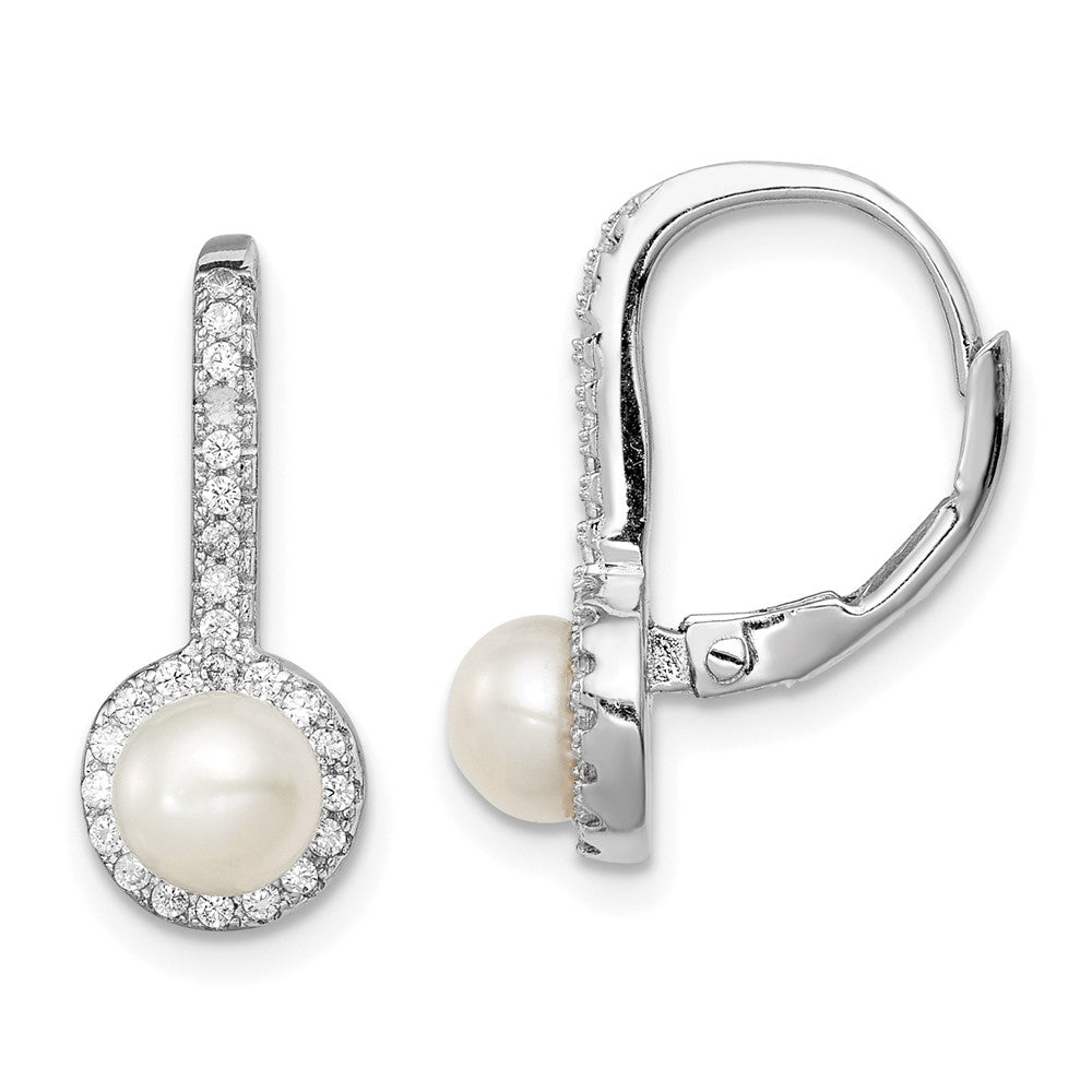 Sterling Silver RH-plated FWC Pearl & CZ Halo Leverback Dangle Earrings