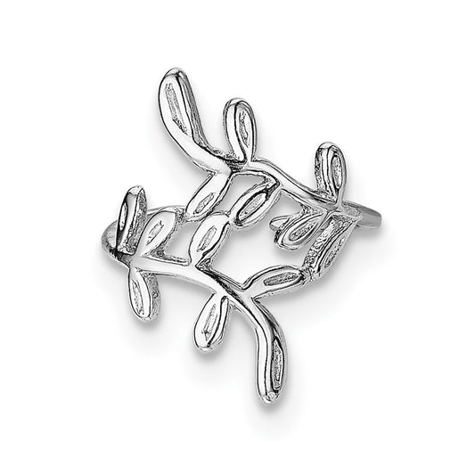 Sterling Silver Rhod-plated Polished & Textured Leaf Single Cuff Earring