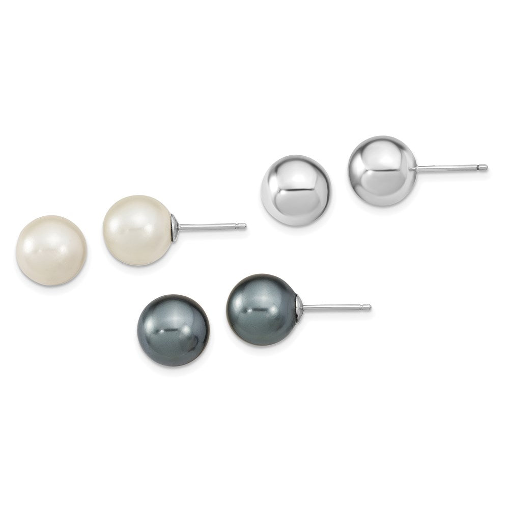 Sterling Silver RH-pl 10-11mm Wht/Grey Imitation Shell Pearl 3 Earring Set