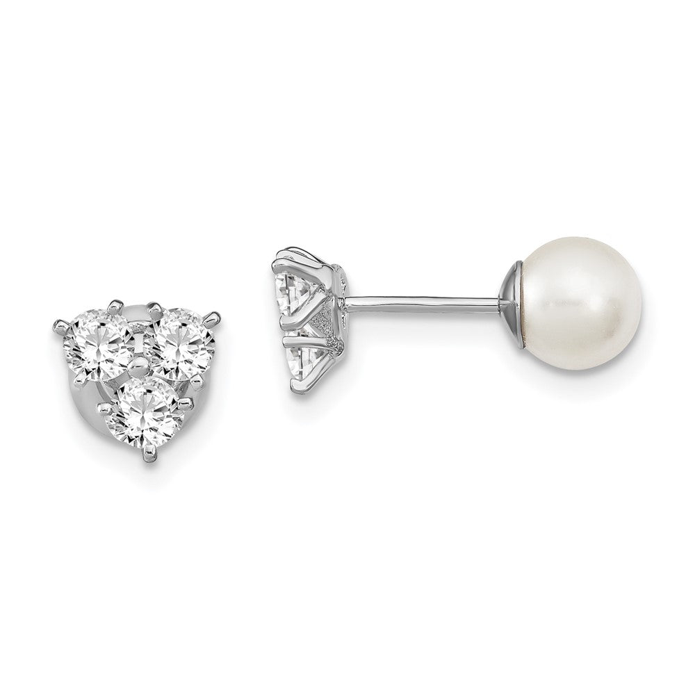 Sterling Silver RH-plated CZ & Imit. Shell Pearl Reversible Post Earrings