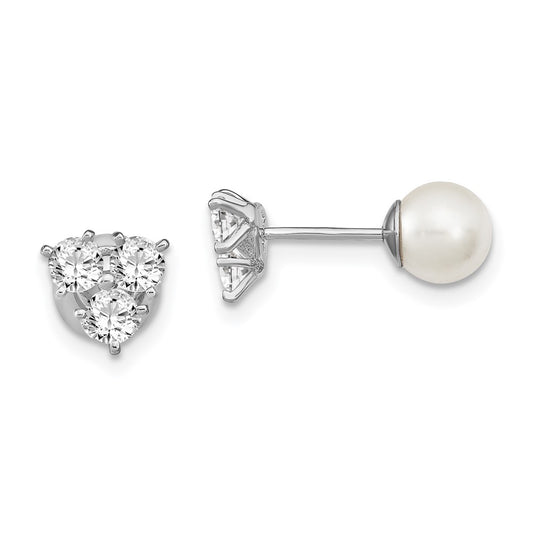 Sterling Silver RH-plated CZ & Imit. Shell Pearl Reversible Post Earrings