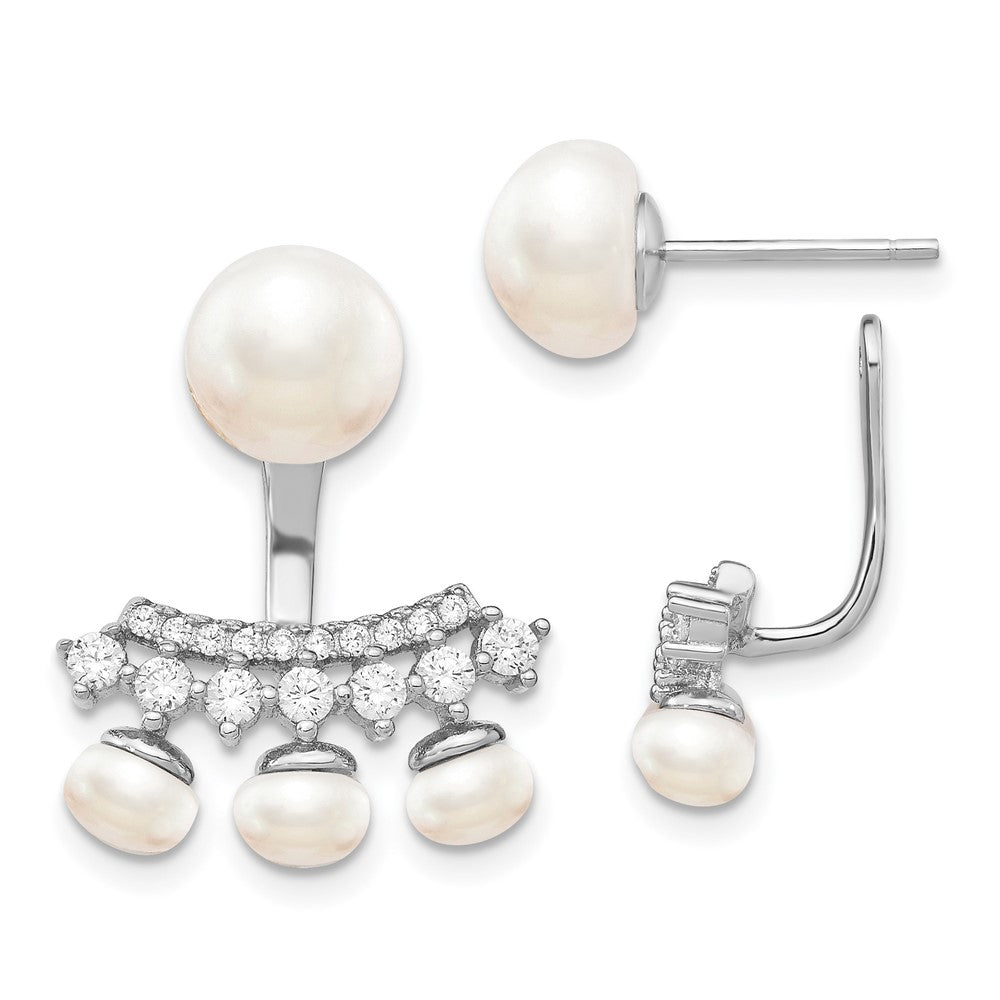 Sterling Silver RH-plated Polished FWC Pearl & CZ w/ Jacket Post Earrings