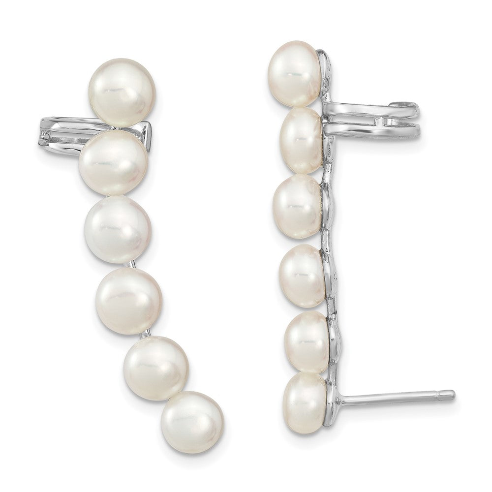 Sterling Silver RH-plated 5-6mm FWC Pearl Post Ear Climber/Cuff Earrings