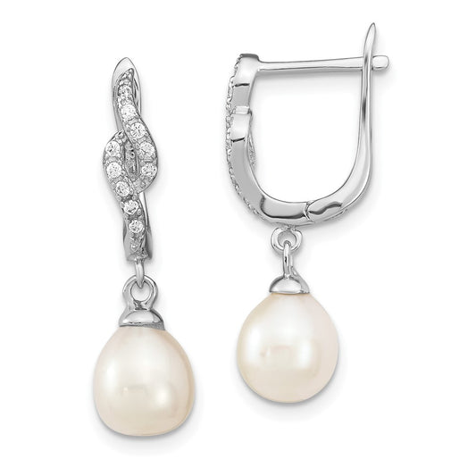 Sterling Silver Rhodium-plated 7-8mm Teardrop FWC Pearl CZ Dangle Earrings