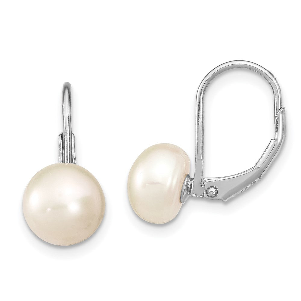 Sterling Silver RH-plated 8-9mm Button FWC Pearl Leverback Earrings
