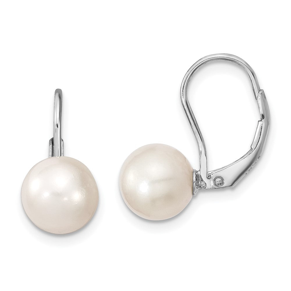 Sterling Silver Rhod-plated 8-9mm Round FWC Pearl Leverback Earrings