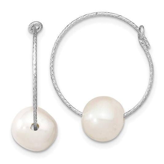 Sterling Silver Rhodium-plated 8-9mm Round FWC Pearl Hoop Earrings
