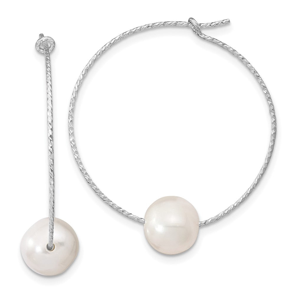 Sterling Silver Rhodium-plated 8-9mm Semi-round FWC Pearl Hoop Earrings