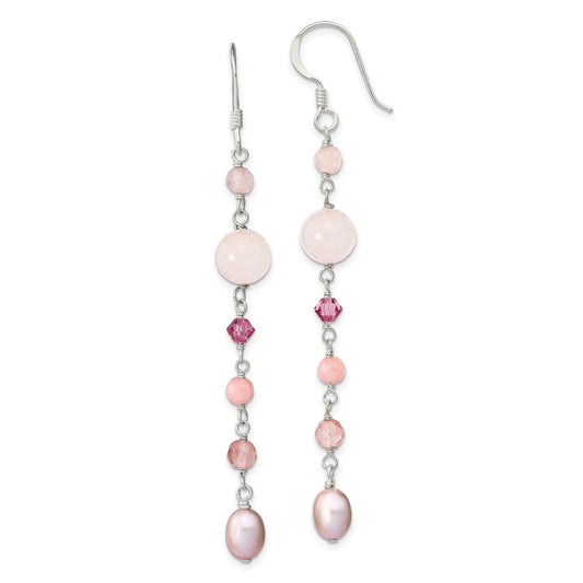 SS Pink FWCPearl/Cherry,Rose Quartz/Pink Jade/Rosaline Dangle Earrings
