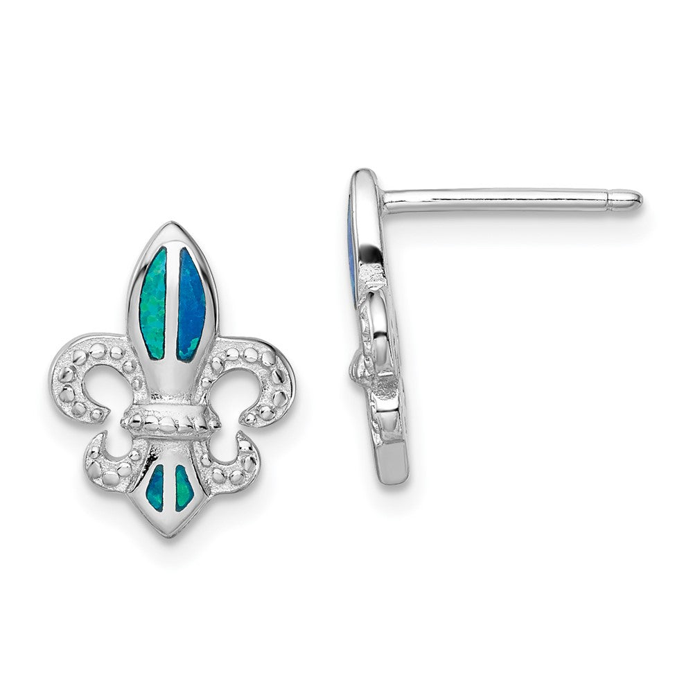 Sterling Silver RH-plated Beaded Blue Cr. Opal Fleur de Lis Post Earrings