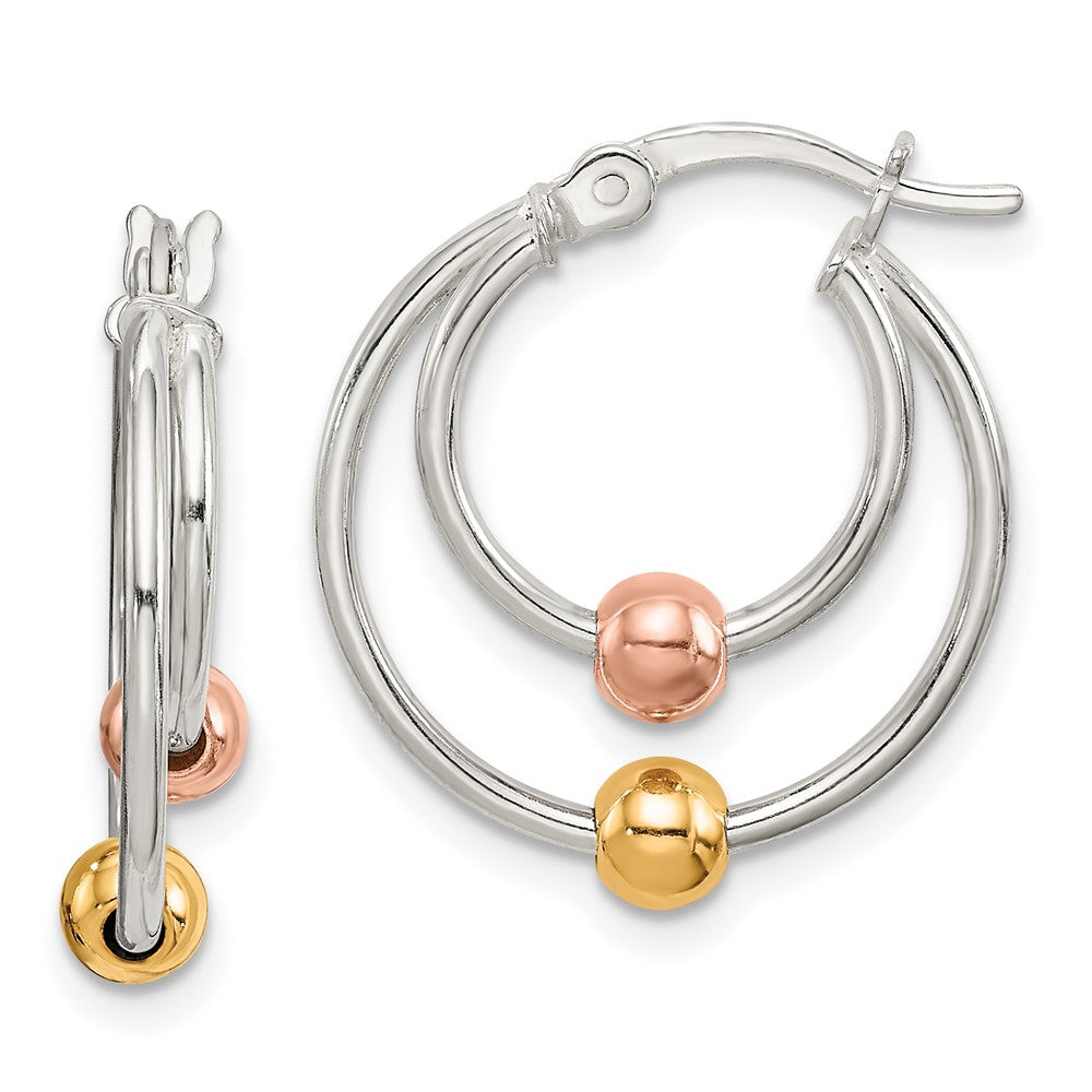 Sterling Silver Rose and Gold-tone Bead Hoop Earrings