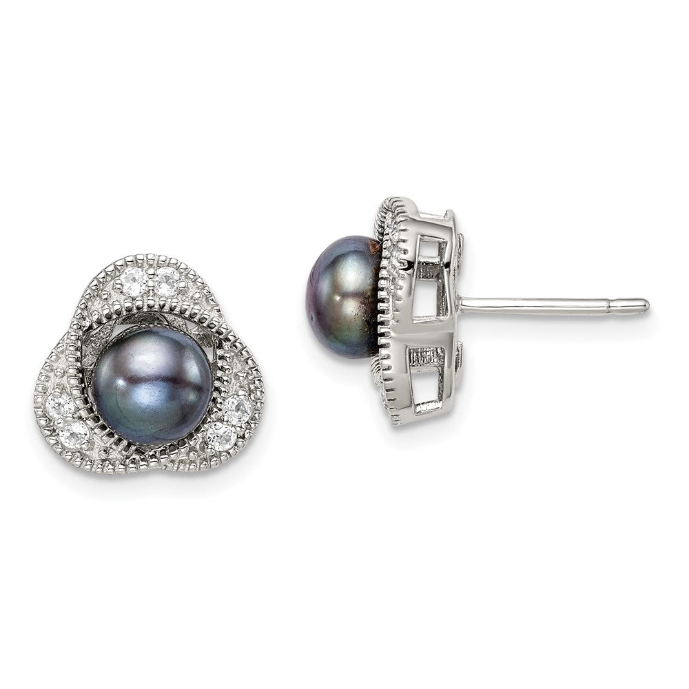 Sterling Silver RH-pltd Black 6-7mm FWC Pearl/Wht Topaz Post Earrings
