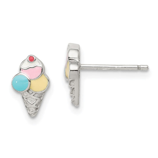 Sterling Silver Rhodium-plated Enameled Ice Cream Cone Post Earrings