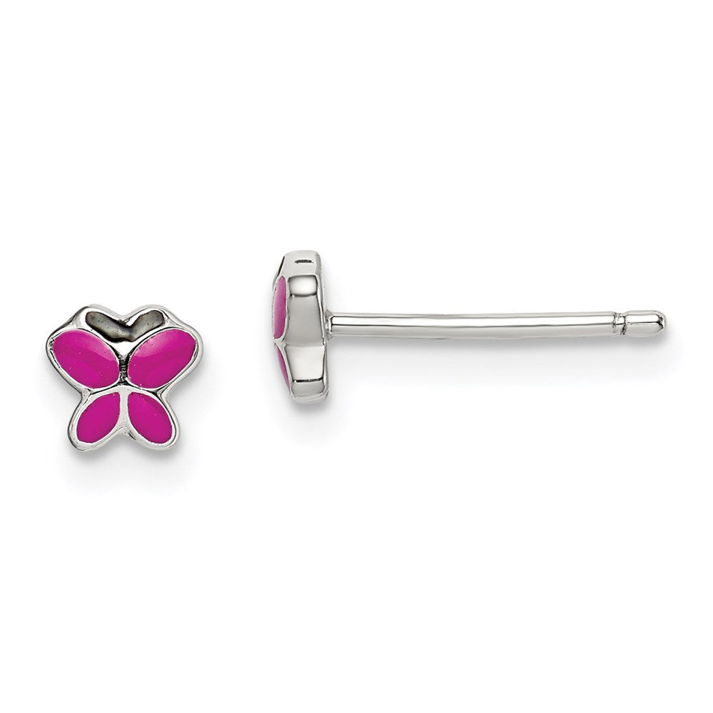 Sterling Silver RH-pltd Pink/Black Enamel Butterfly Childs Post Earrings