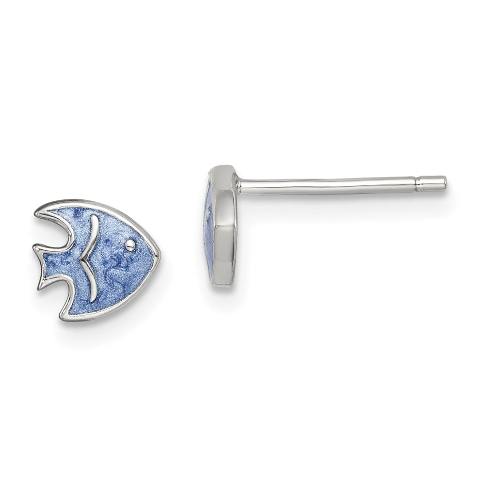 Sterling Silver RH-pltd Polished Blue Enameled Fish Childs Post Earrings