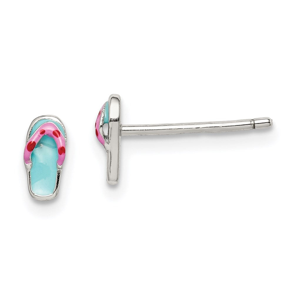 Sterling Silver RH-pltd Teal & Pink Enamel Flip Flop Childs Post Earrings