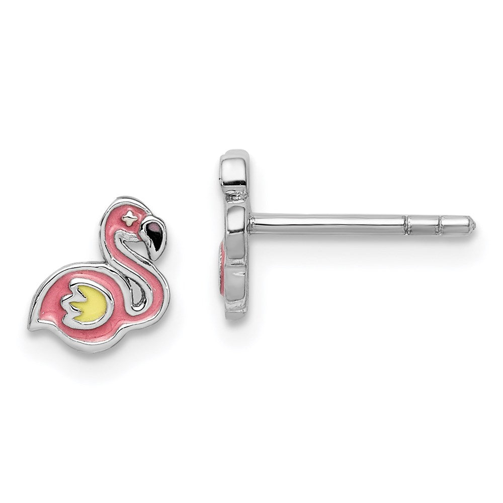 Sterling Silver Rhodium-plated Childs Enameled Flamingo Post Earrings