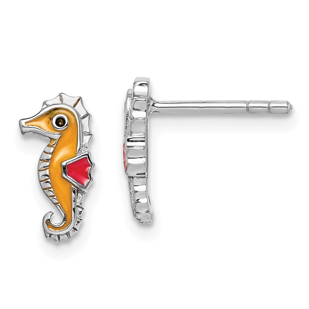 Sterling Silver Rhodium-plated Childs Enameled Seahorse Post Earrings
