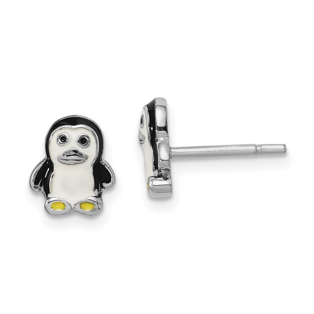 Sterling Silver Rhodium-plated Childs Enameled Penguin Post Earrings