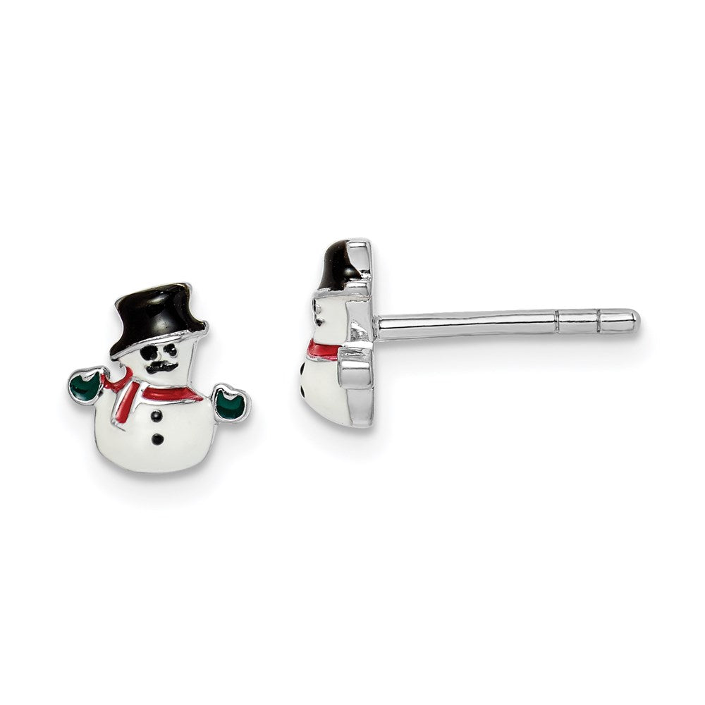 Sterling Silver RH-plated Childs Enameled Snowman Post Earrings