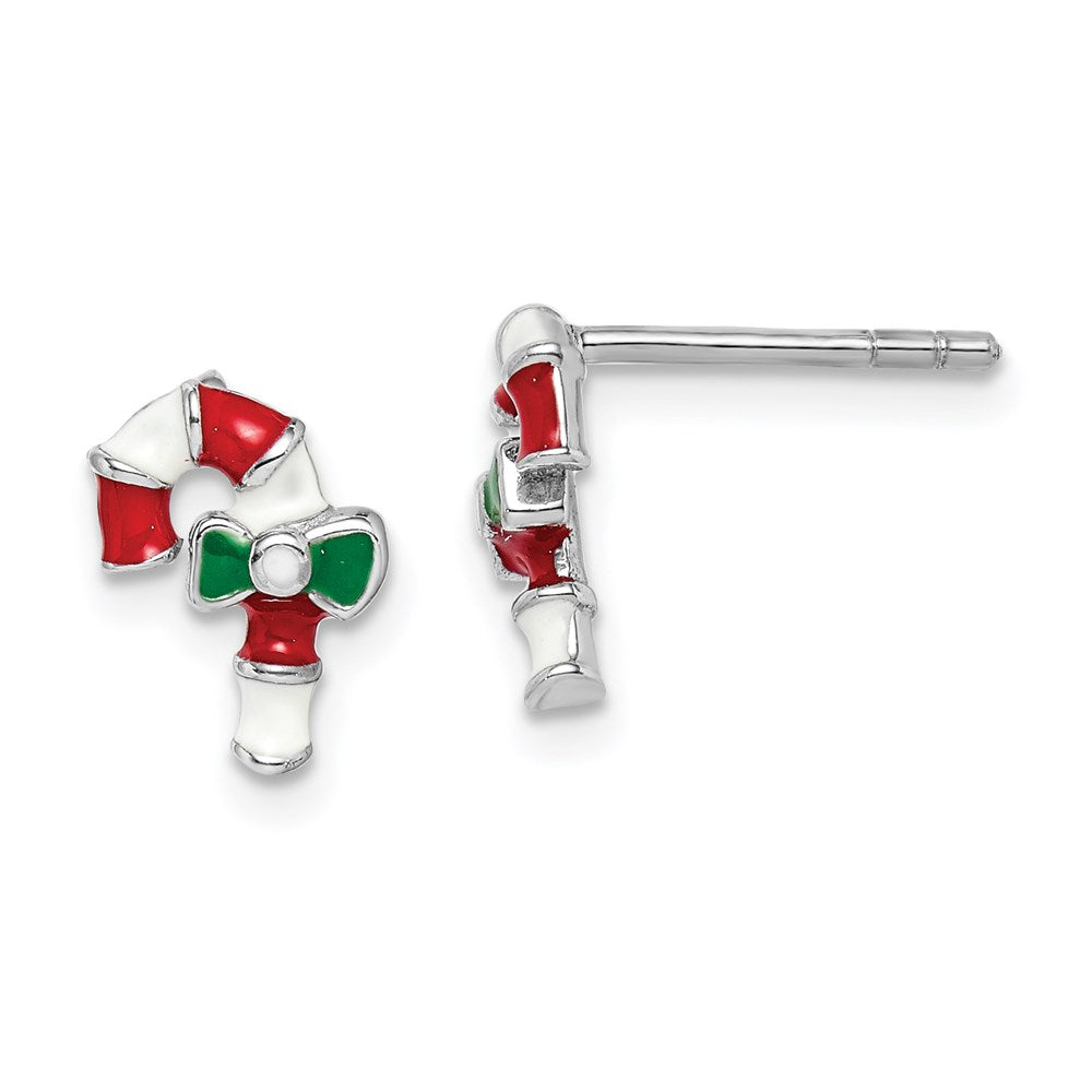 Sterling Silver RH-plated Childs Enameled Candy Cane Post Earrings