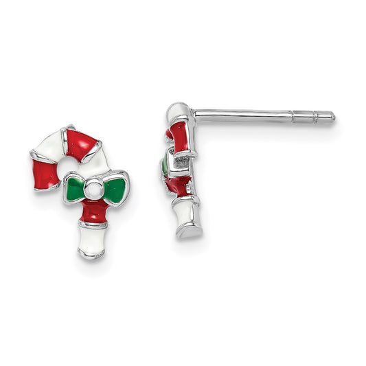 Sterling Silver RH-plated Childs Enameled Candy Cane Post Earrings