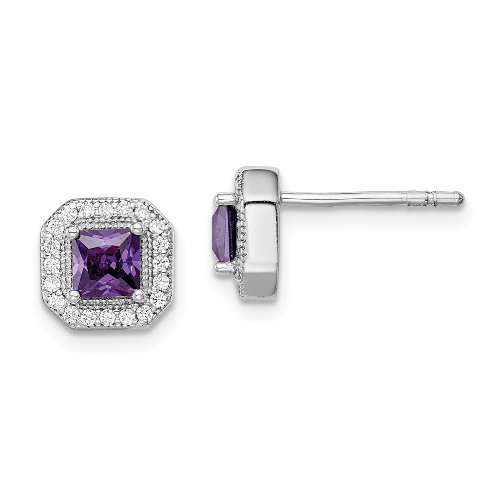 Sterling Silver Rhodium Plated Square Purple and Clear CZ Post Earrings