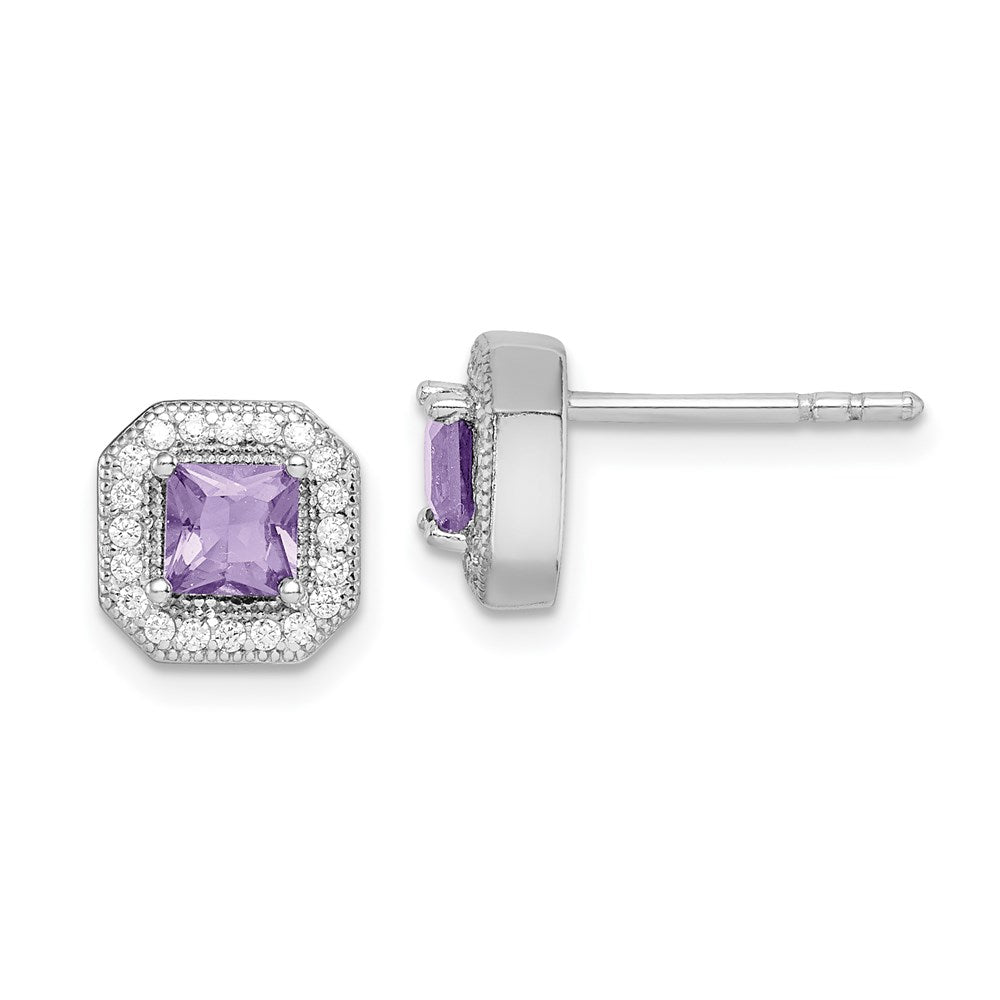 Sterling Silver Rhodium Plated Purple and Clear CZ Post Earrings
