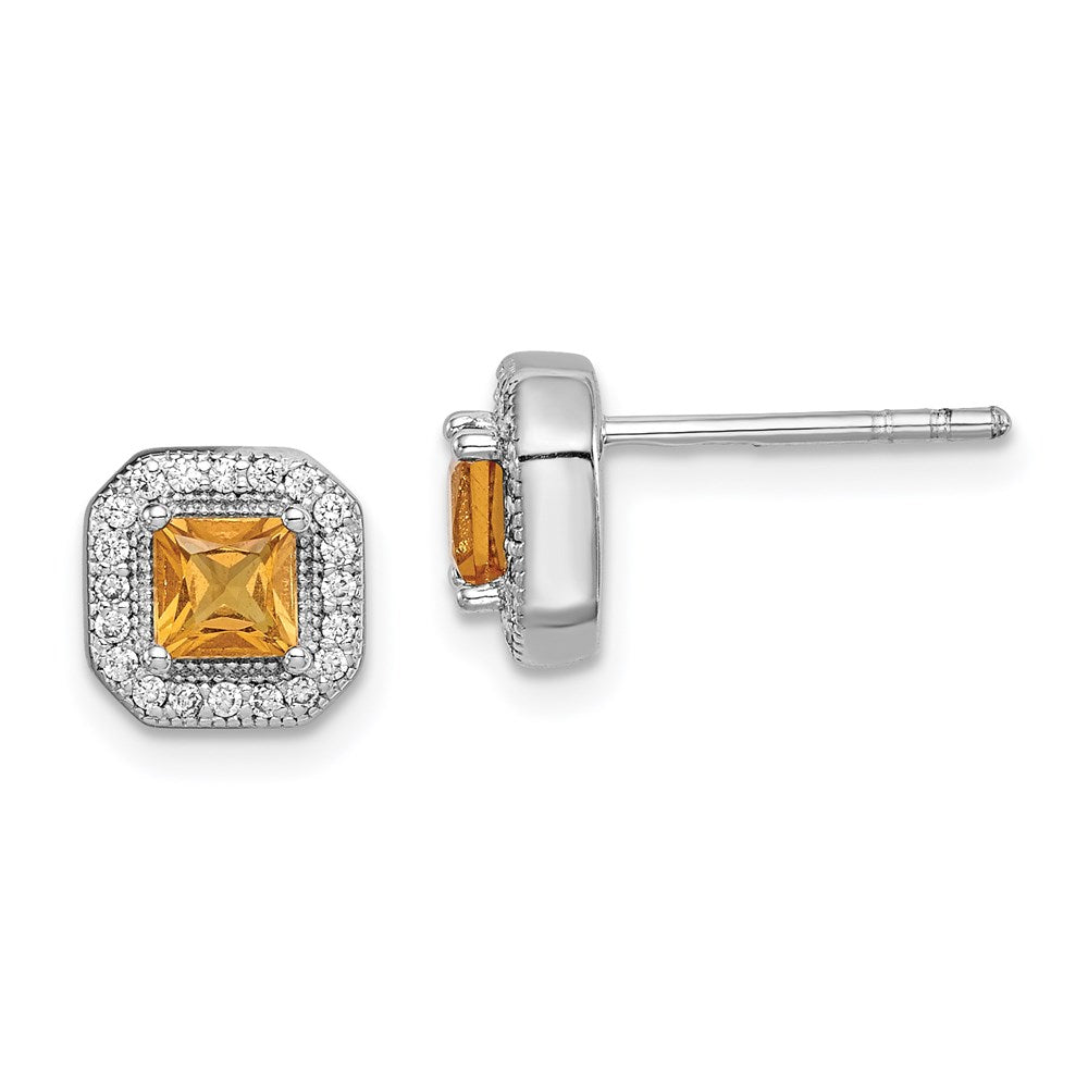 Sterling Silver Rhodium Plated Square Yellow and Clear CZ Post Earrings