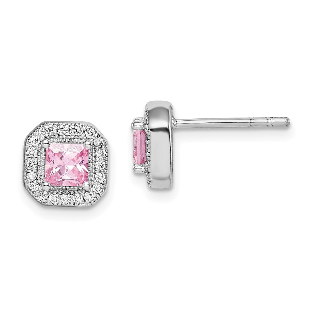 Sterling Silver Rhodium Plated Square Pink and Clear CZ Post Earrings