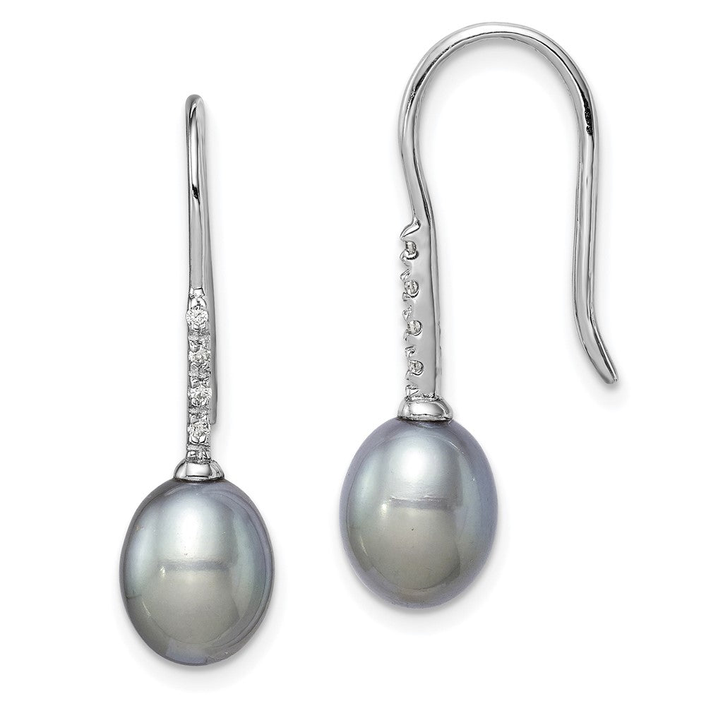 Sterling Silver RH-plated 7-8mm Grey FWC Pearl & CZ Dangle Earrings