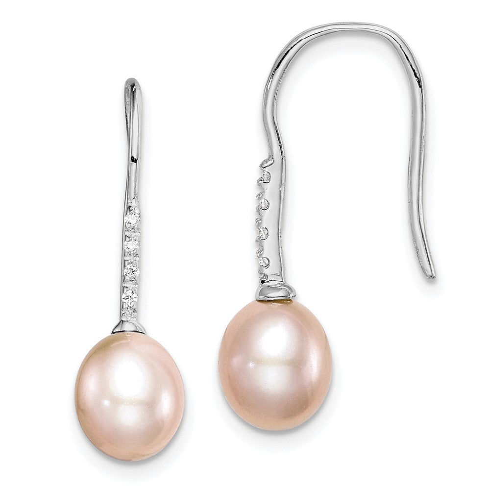 Sterling Silver Rhodium-plated 7-8mm Pink FWC Pearl CZ Dangle Earrings