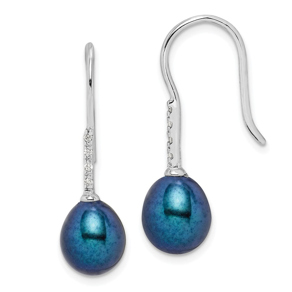 Sterling Silver RH-plated 7-8mm Black FWC Pearl & CZ Dangle Earrings