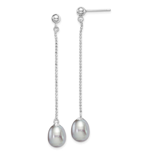 Sterling Silver RH-plated 7-8mm Grey FWC Pearl Post Dangle Earrings