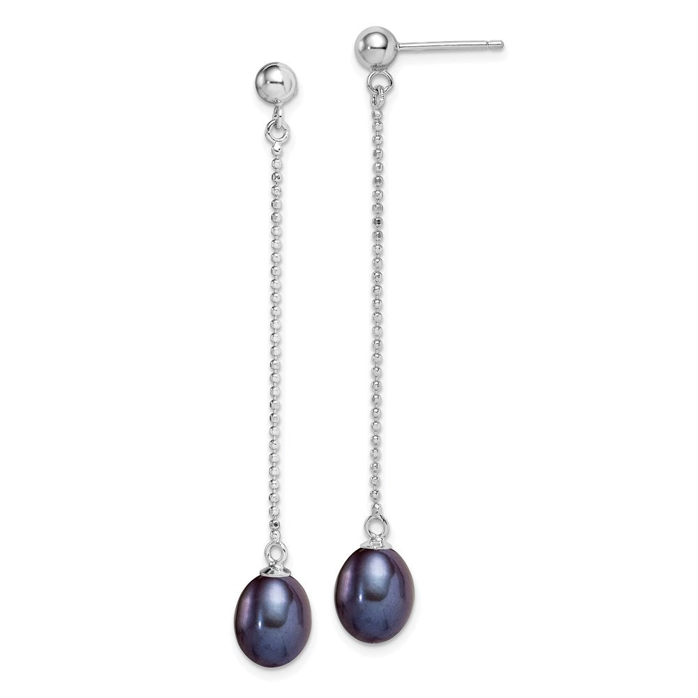 Sterling Silver RH-plated 7-8mm Black FWC Pearl Post Dangle Earrings