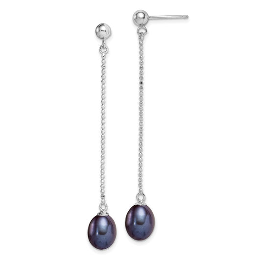 Sterling Silver RH-plated 7-8mm Black FWC Pearl Post Dangle Earrings
