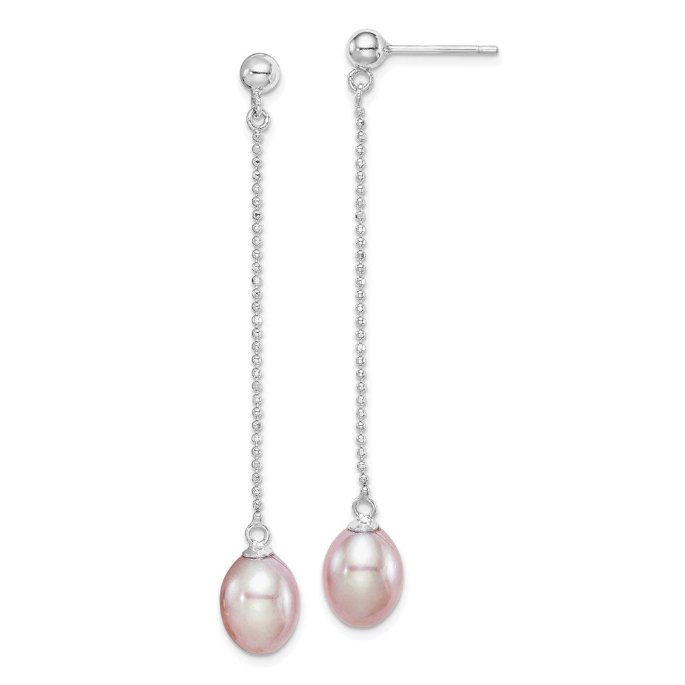 Sterling Silver RH-plated 7-8mm Purple FWC Pearl Post Dangle Earrings