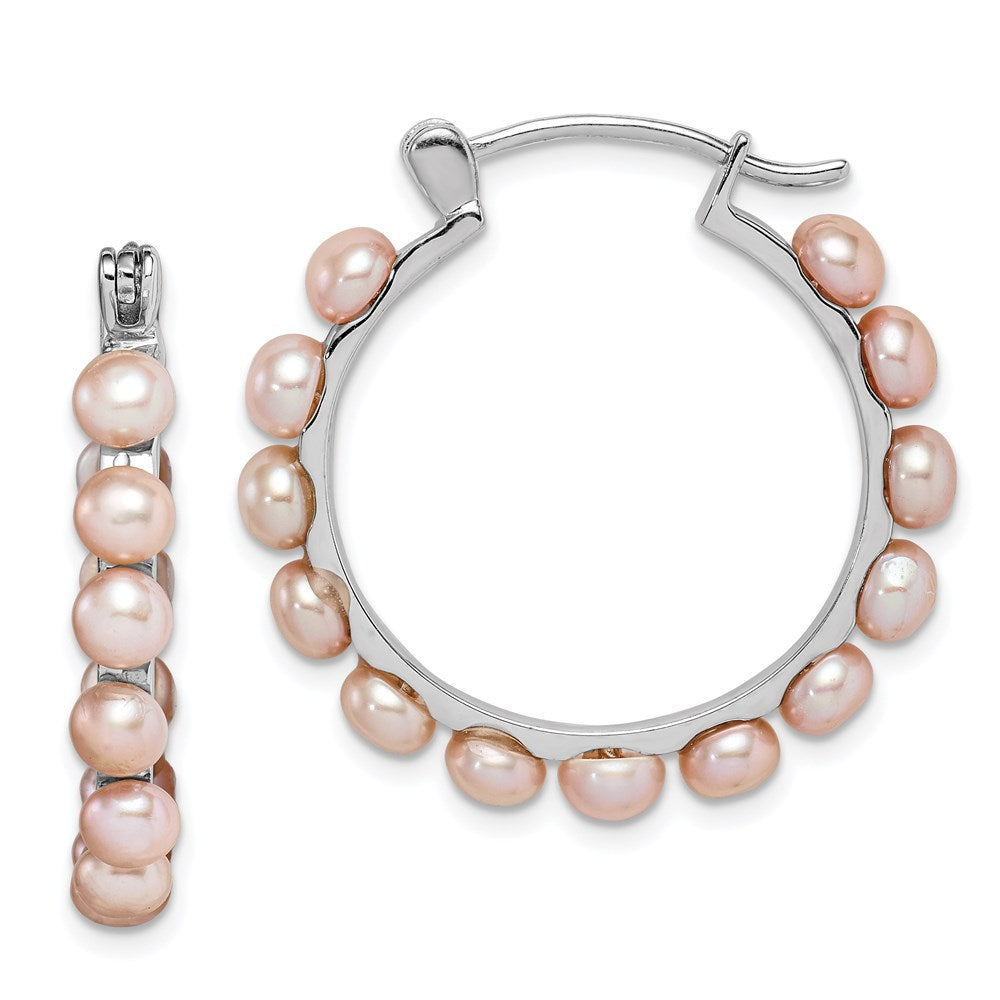 Sterling Silver RH-plated 4-5mm Pink FWC Pearl Round Hoop Earrings