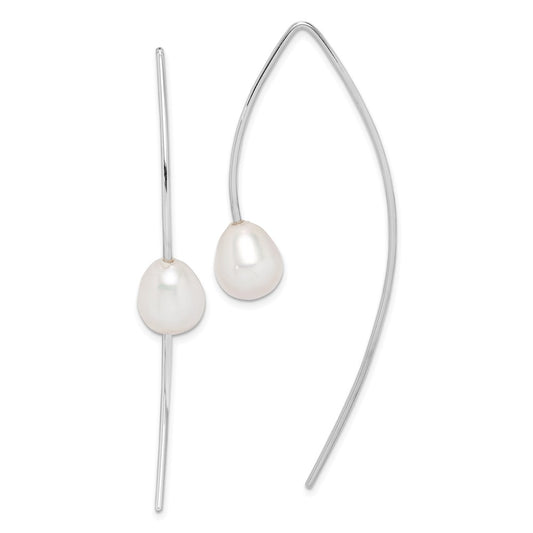 Sterling Silver Rhod-plated Polished 8-9mm FWC Pearl Threader Earrings