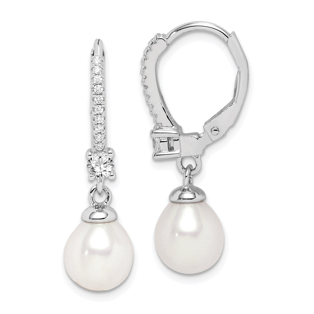 Sterling Silver RH-plated 7-8mm FWC Pearl & CZ Leverback Dangle Earrings
