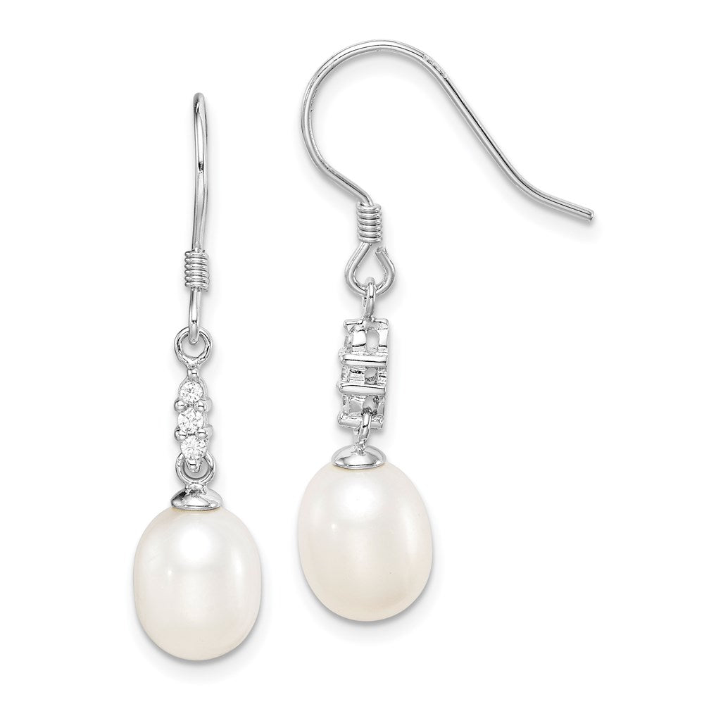 Sterling Silver RH-plated 7-8mm White FWC Pearl & CZ Dangle Earrings