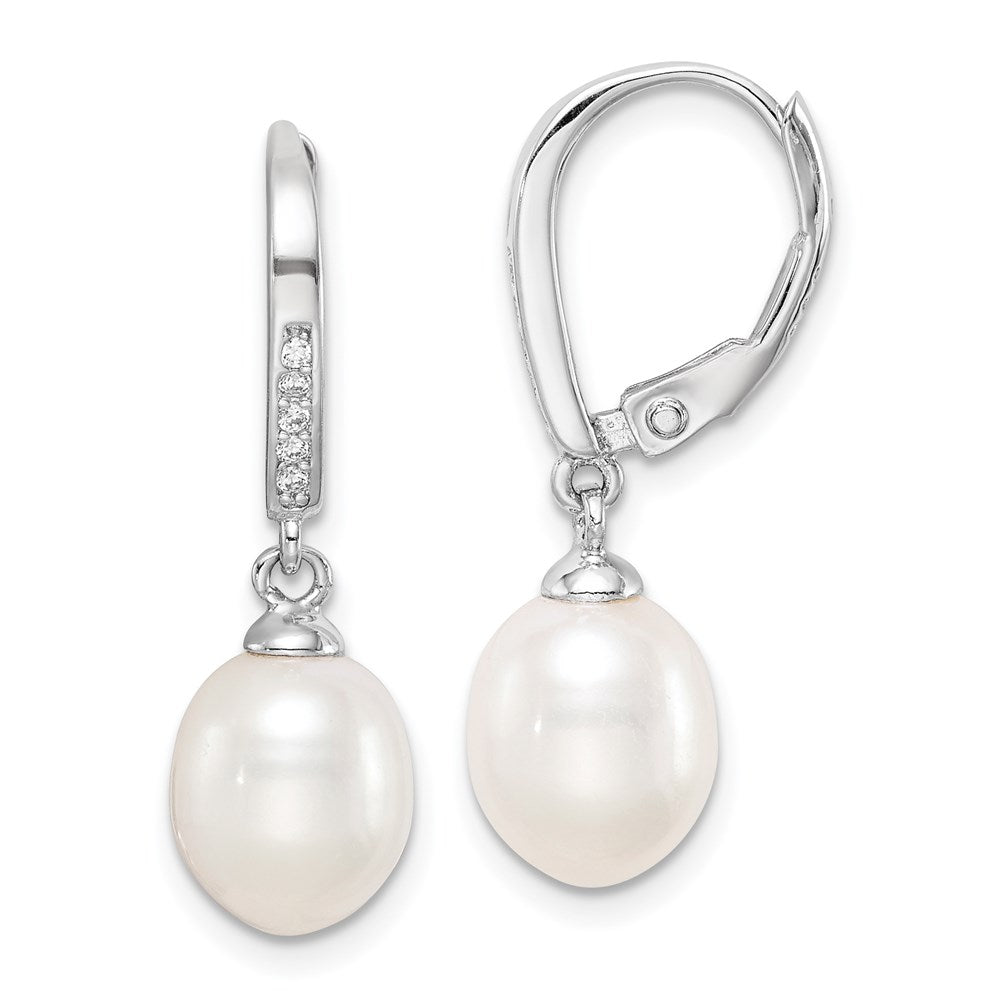 Sterling Silver RH-plated White 7-8mm FWC Pearl & CZ Leverback Earrings
